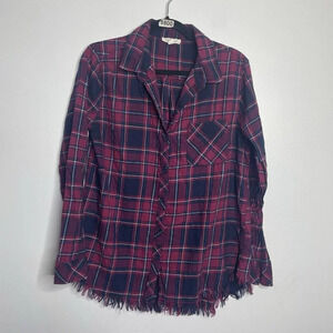 Beach Lunch Lounge Navy & Wine Raw Bottom Edge Flannel Women Button Up Sz Medium